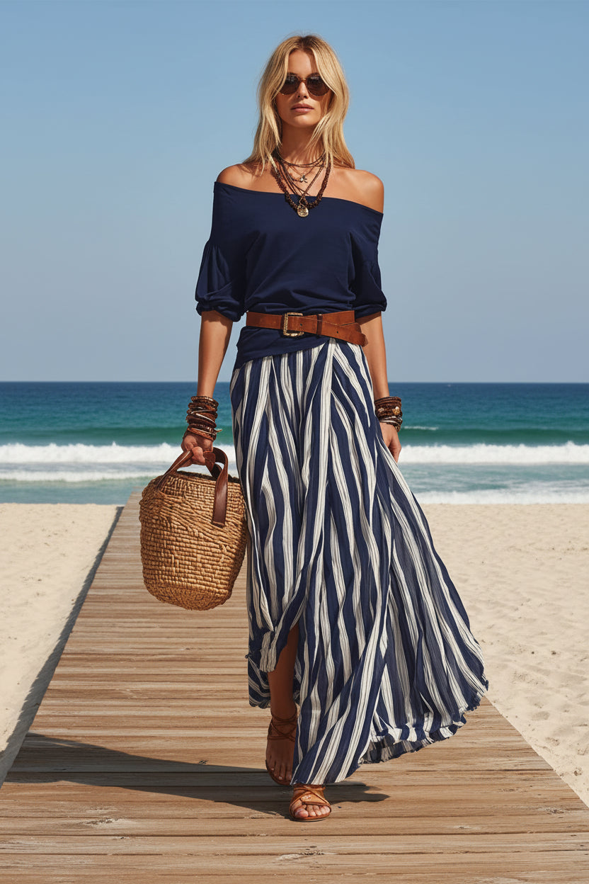 Women's Off-Shoulder Top & Slit Maxi Skirt Set