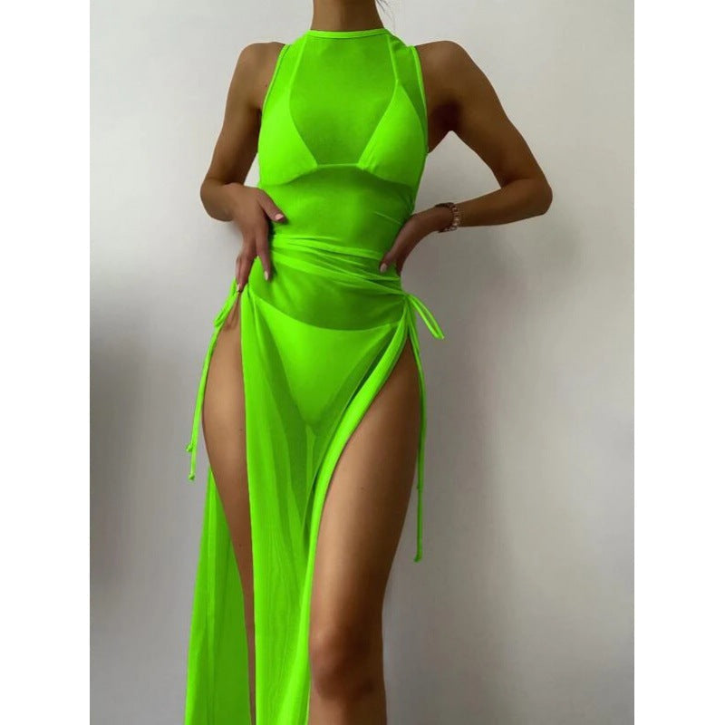 Women's Solid Color Three-Piece Bikini Set with Maxi Dress Cover-Up