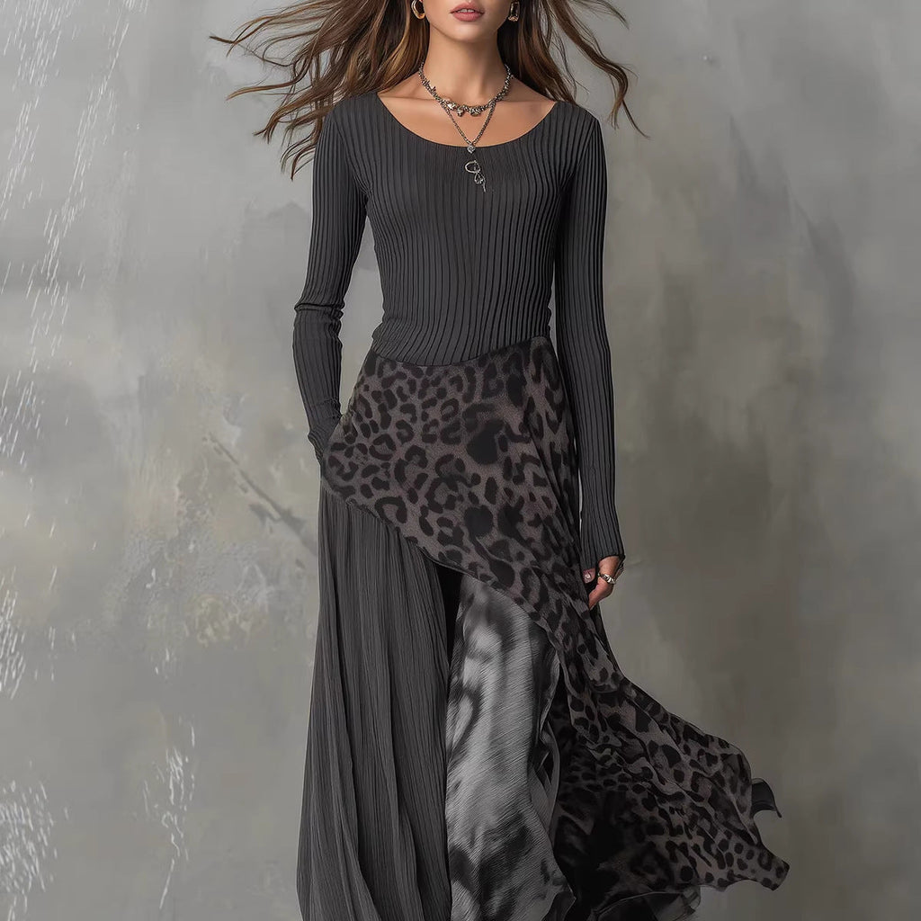 Women's Leopard Print Ribbed Knit Maxi Dress – Long Sleeve High Waist Full Skirt