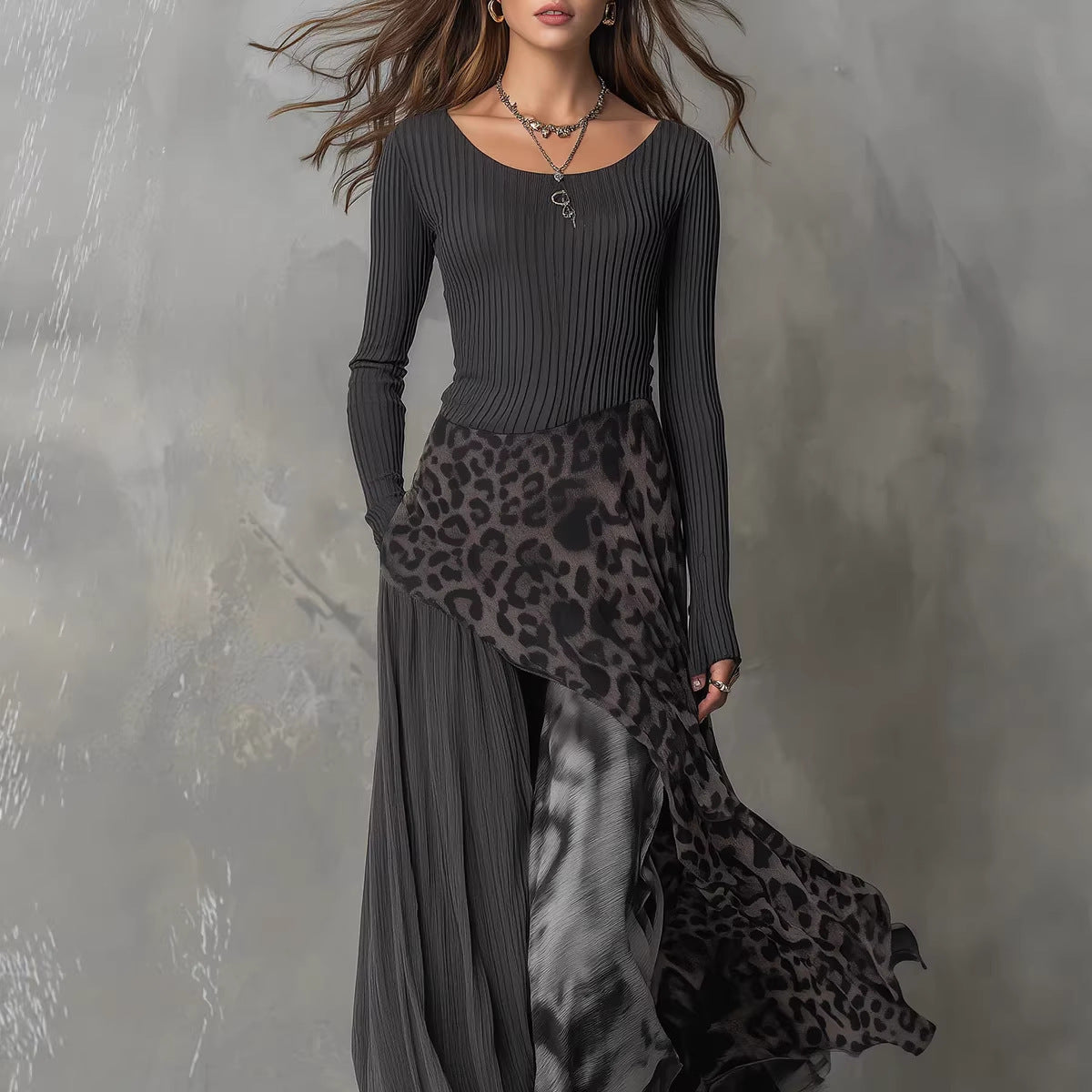 Women's Leopard Print Ribbed Knit Maxi Dress – Long Sleeve High Waist Full Skirt