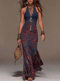 Women's Floral Print Halter Neck Deep V Lace Trim Mermaid Maxi Dress