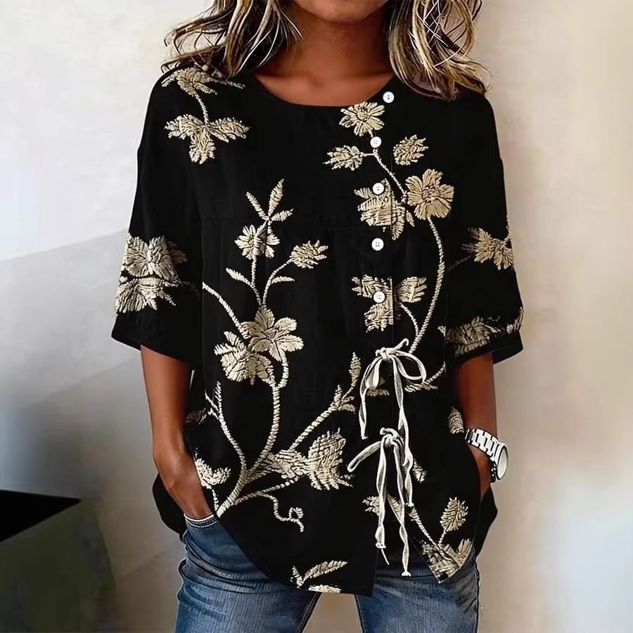 Women's Floral 3D Print Pullover Top – Loose Fit Elegant Casual S to 3XL