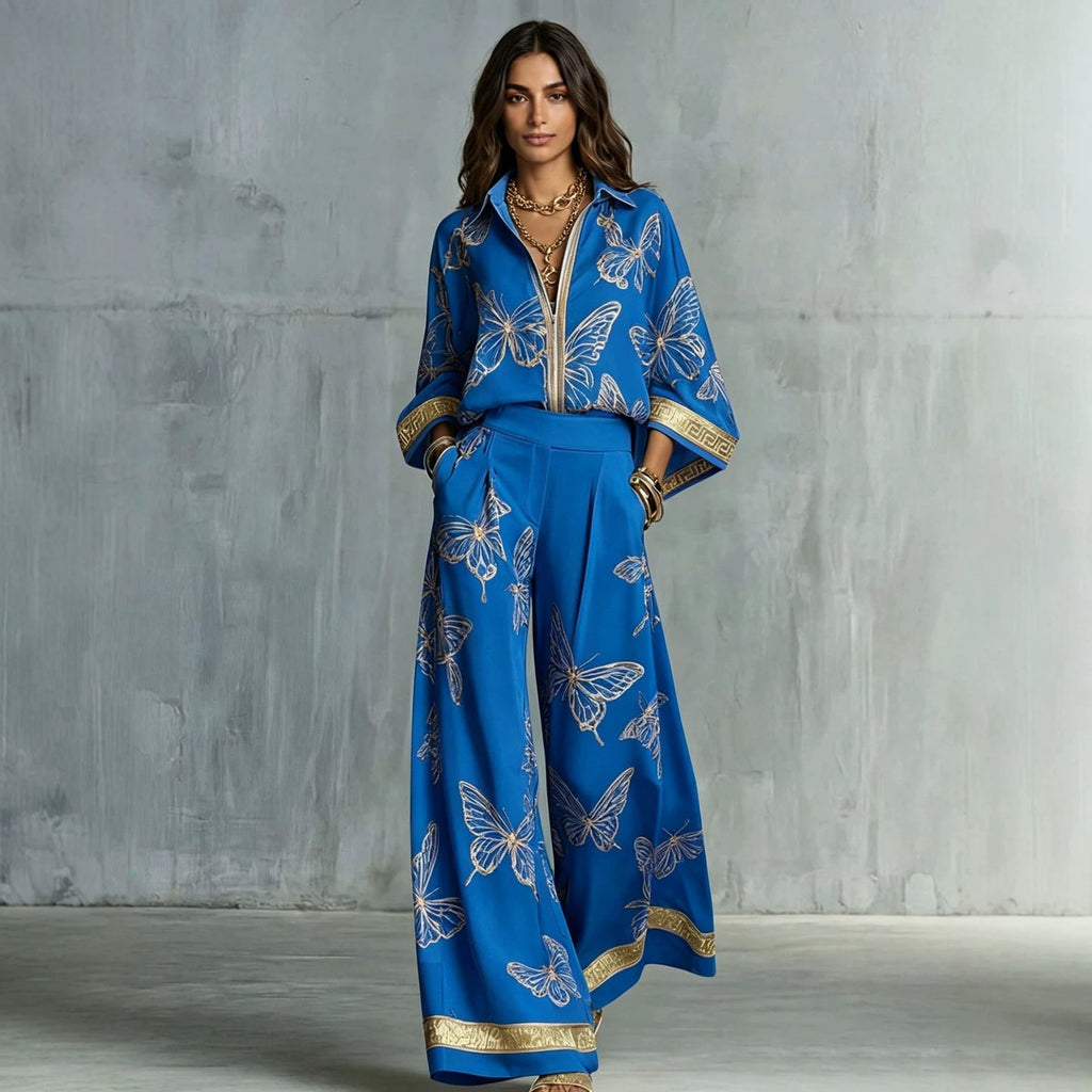 Women's Deep V-Neck Zipper Top & Wide Leg Pants Two-Piece Set