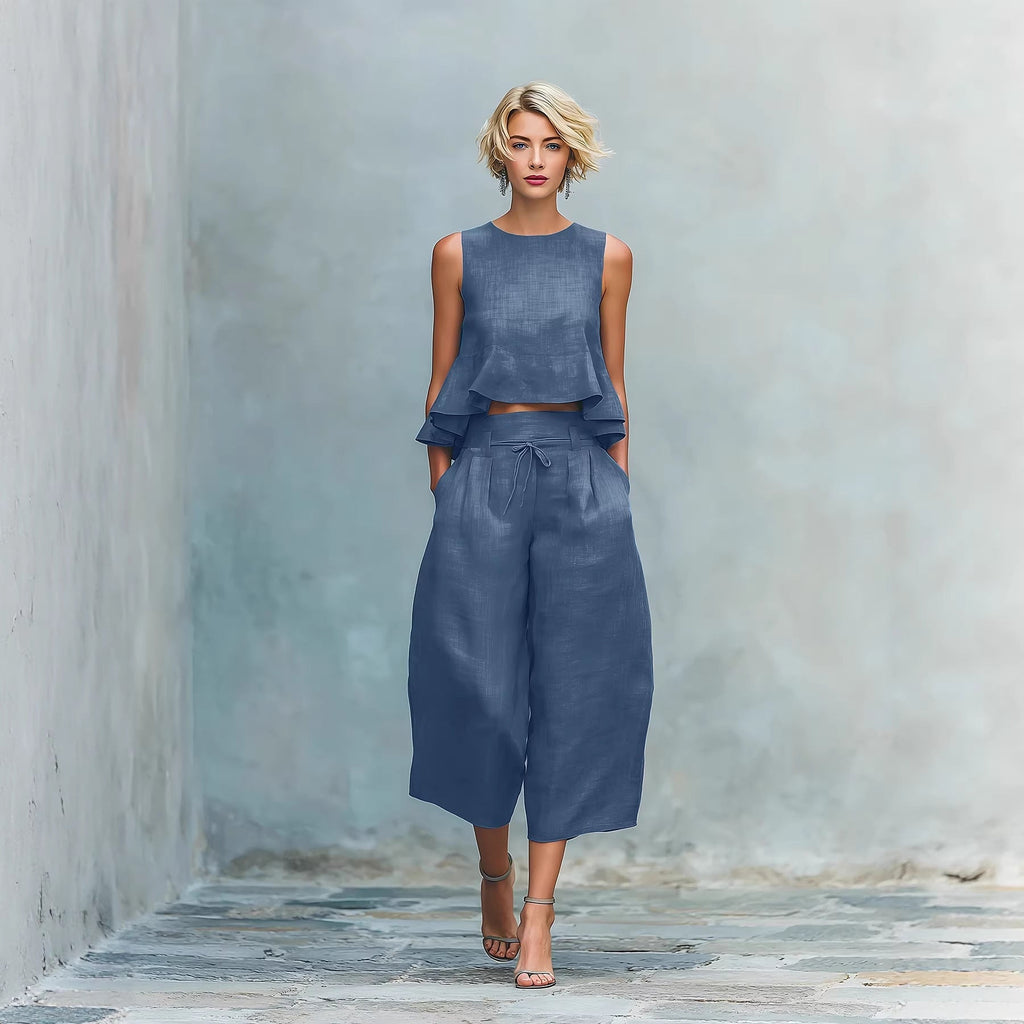 Women's Linen-Blend Sleeveless Two Piece Set with Ruffled Detailing