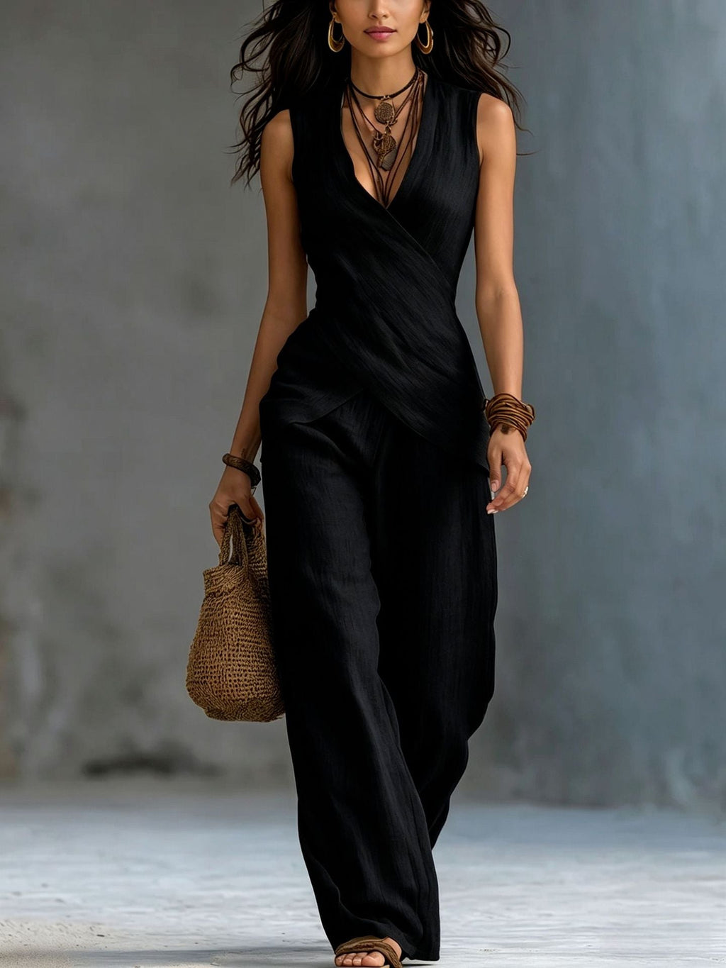 Women's V-Neck Crossover Tank Top & Casual Trousers Two-Piece Set