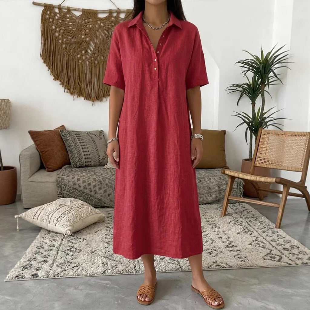 Women's Linen Blend Short Sleeve Polo Neck Maxi Dress