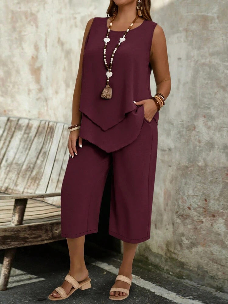 Casual Solid-Colored Sleeveless Top And Cropped Pants Two-Piece Set