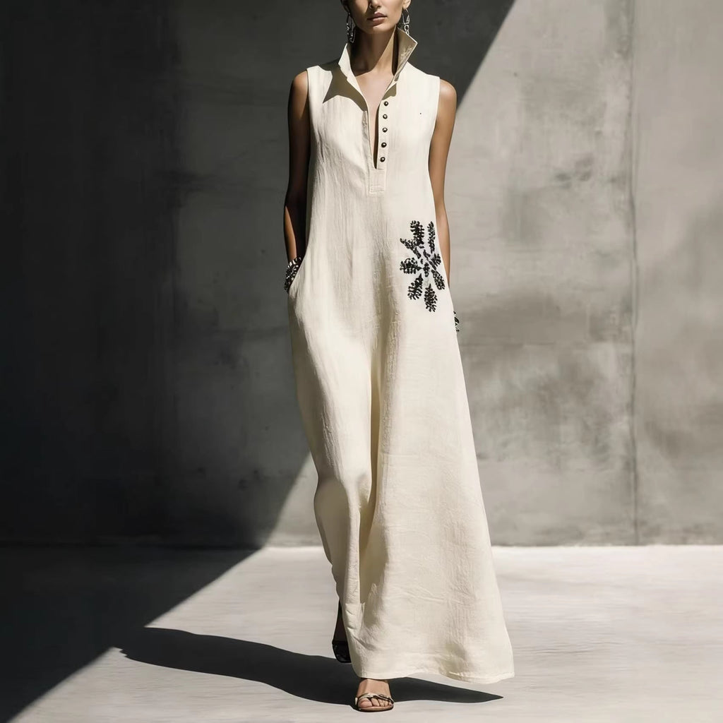 Women's Cotton Linen Mandarin Collar Maxi Dress – Graphic Print with Pockets