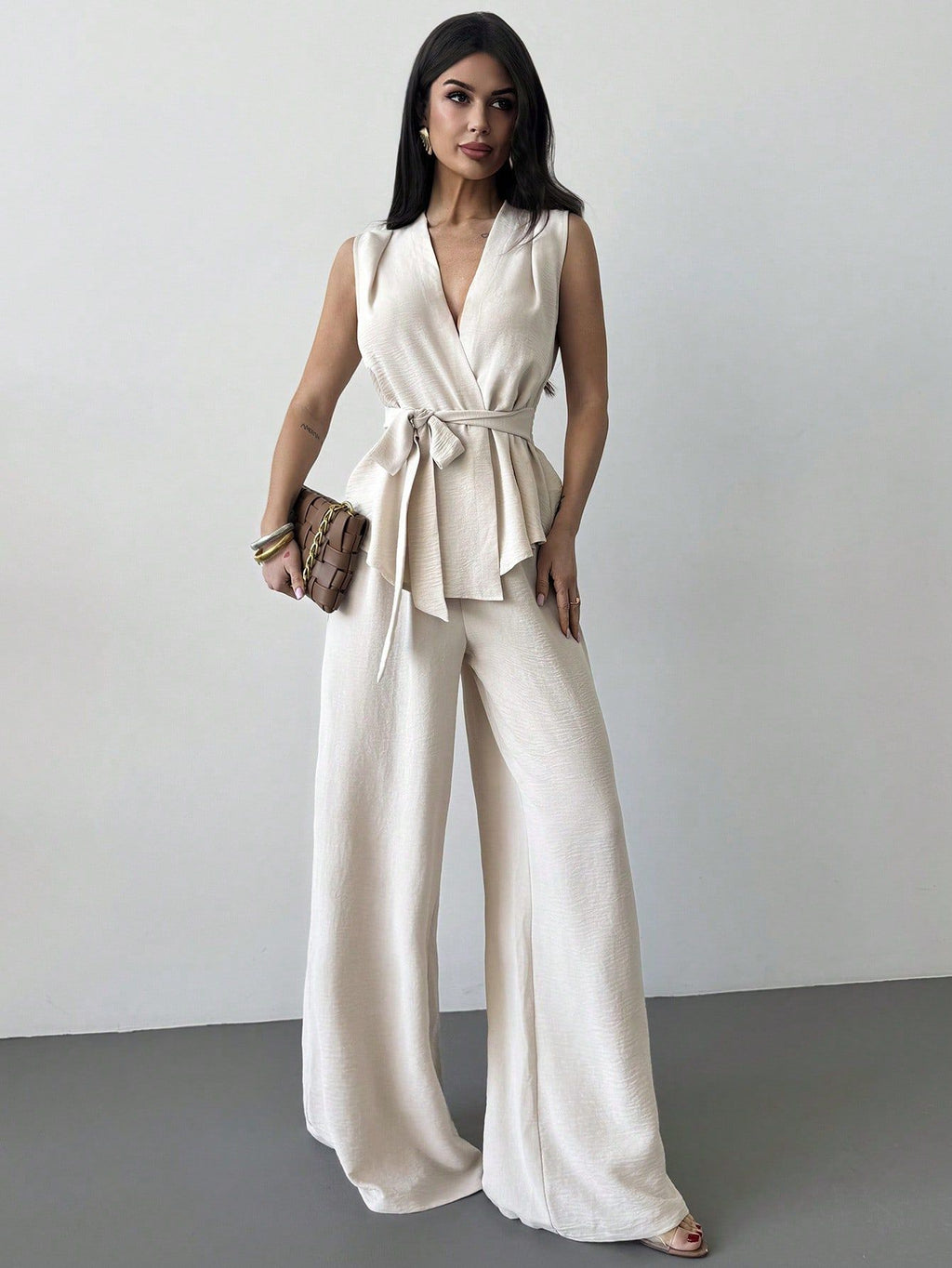 Women's Lace-Up V-Neck Vest & Pants Two-Piece Set – Elegant Commuter