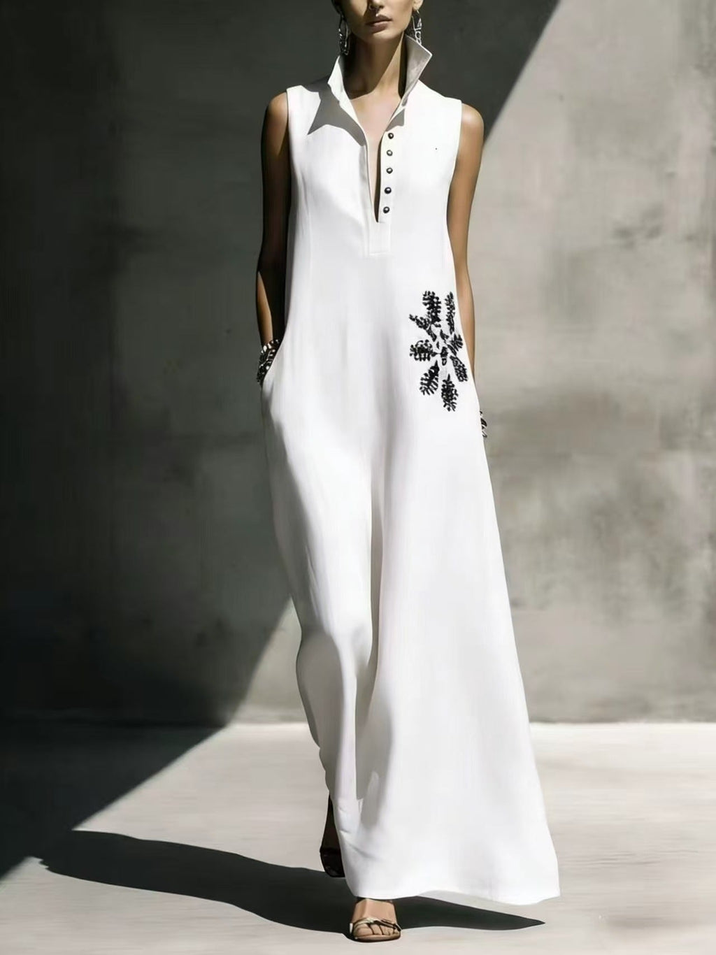Women's Cotton Linen Mandarin Collar Maxi Dress – Graphic Print with Pockets