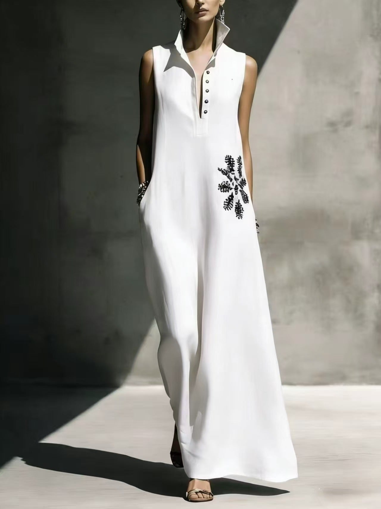 Women's Cotton Linen Mandarin Collar Maxi Dress – Graphic Print with Pockets