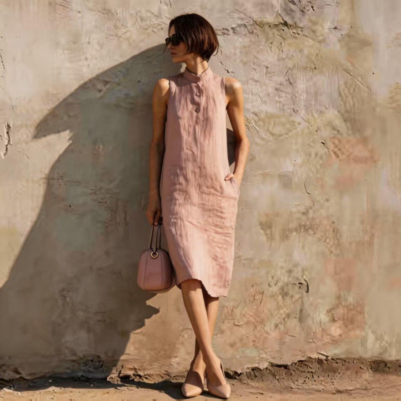 Women's Sleeveless A-Line Midi Dress – Solid Color Cotton Linen Casual