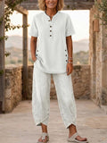 Women's Lapel Button-Up Top & Pants Two-Piece Set – Three-Quarter Sleeve