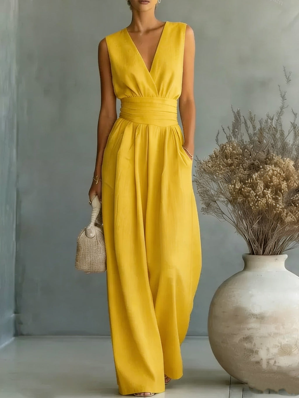 Women's Elegant V-Neck Sleeveless Jumpsuit – Waist-Cinching Straight Leg