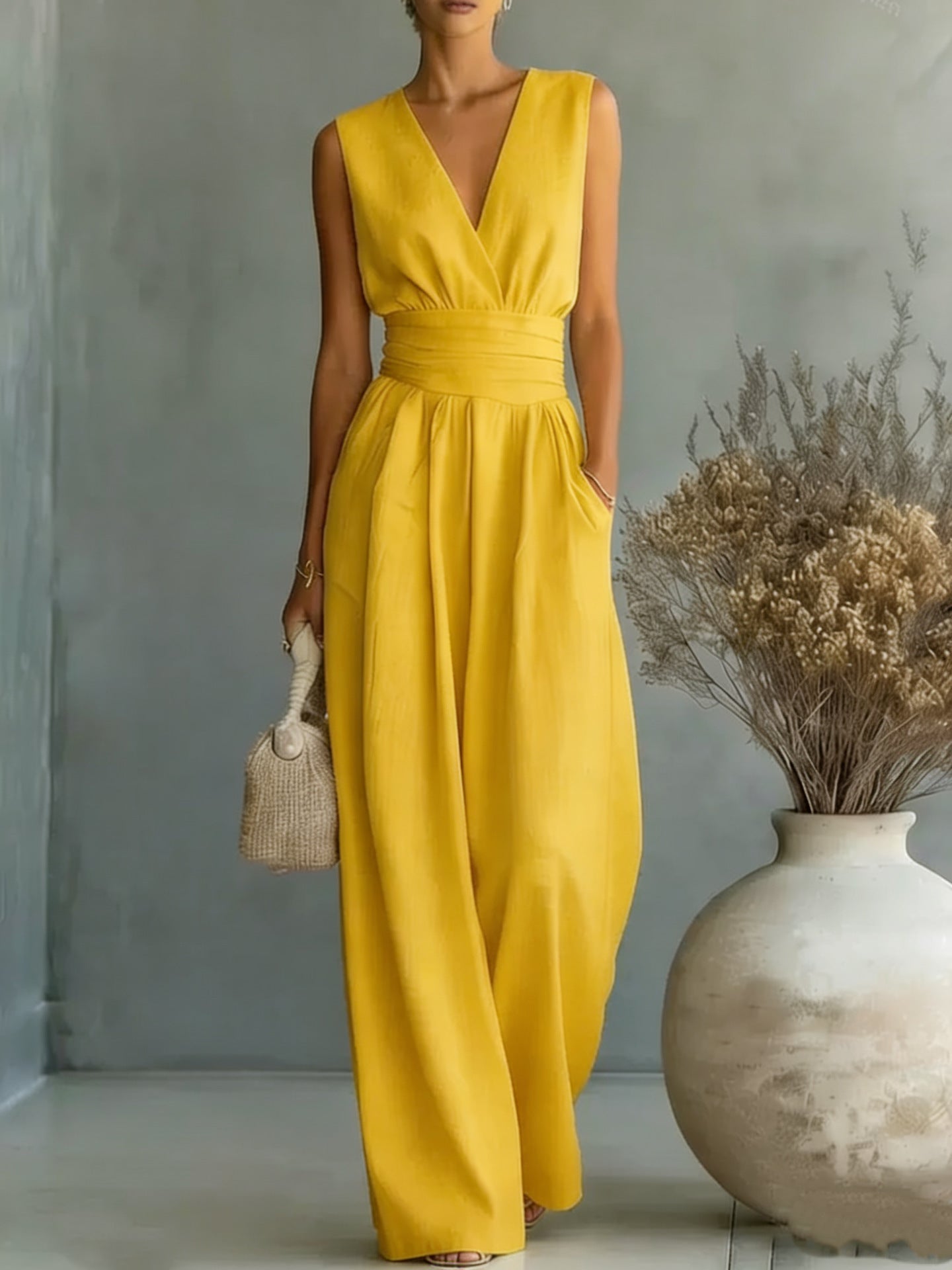 Women's Elegant V-Neck Sleeveless Jumpsuit – Waist-Cinching Straight Leg