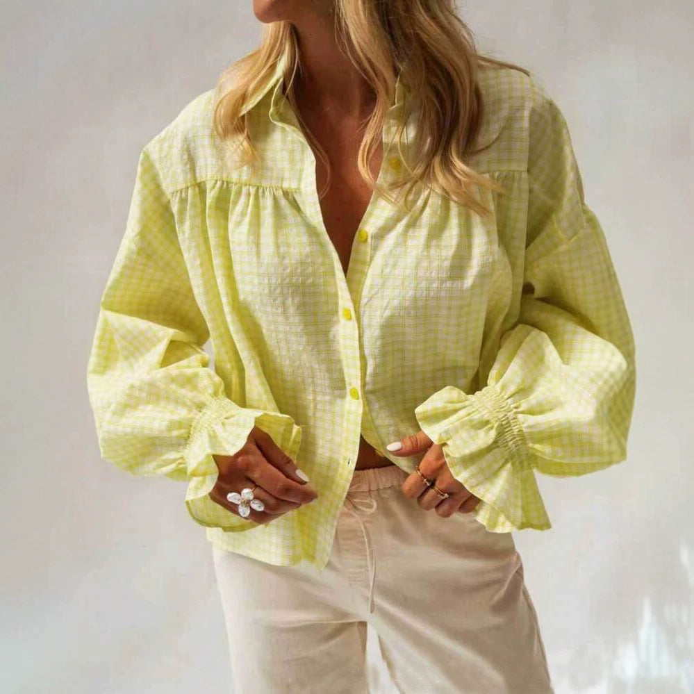 Women's Plaid Flared Sleeve Loose Fit Long Sleeve Shirt