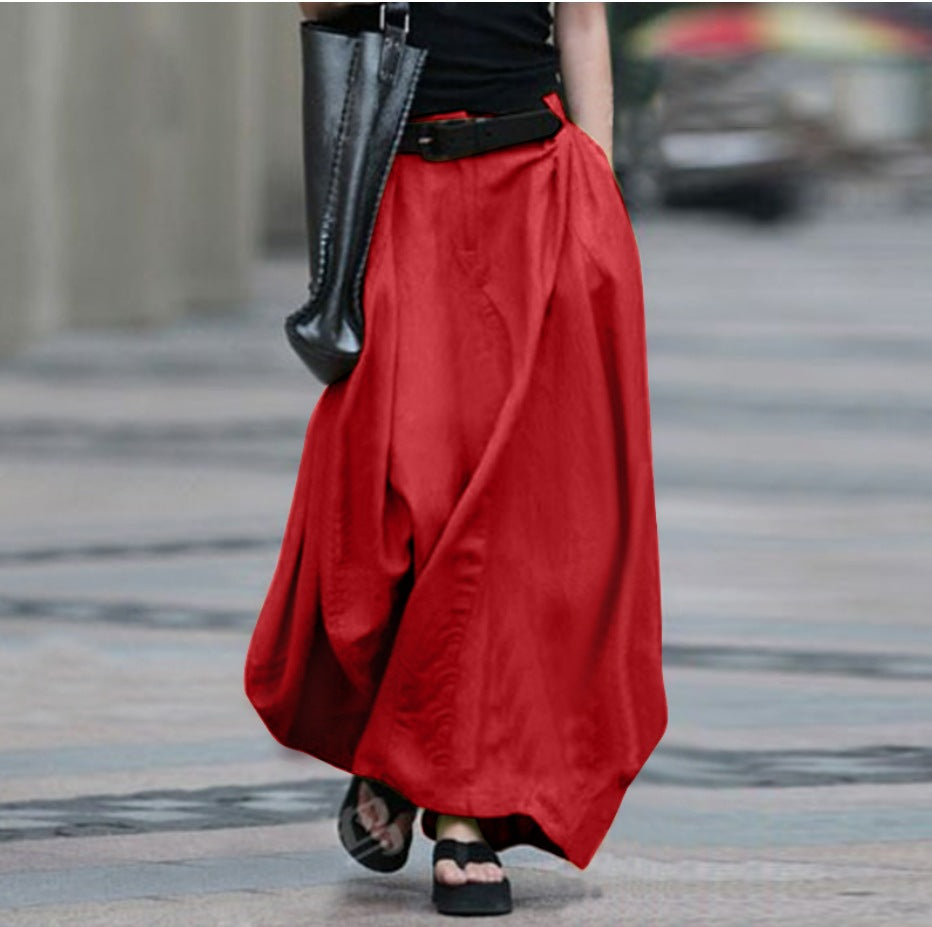 Women's High-Waist Flared Maxi Skirt – Solid Color Cotton Linen with Pockets