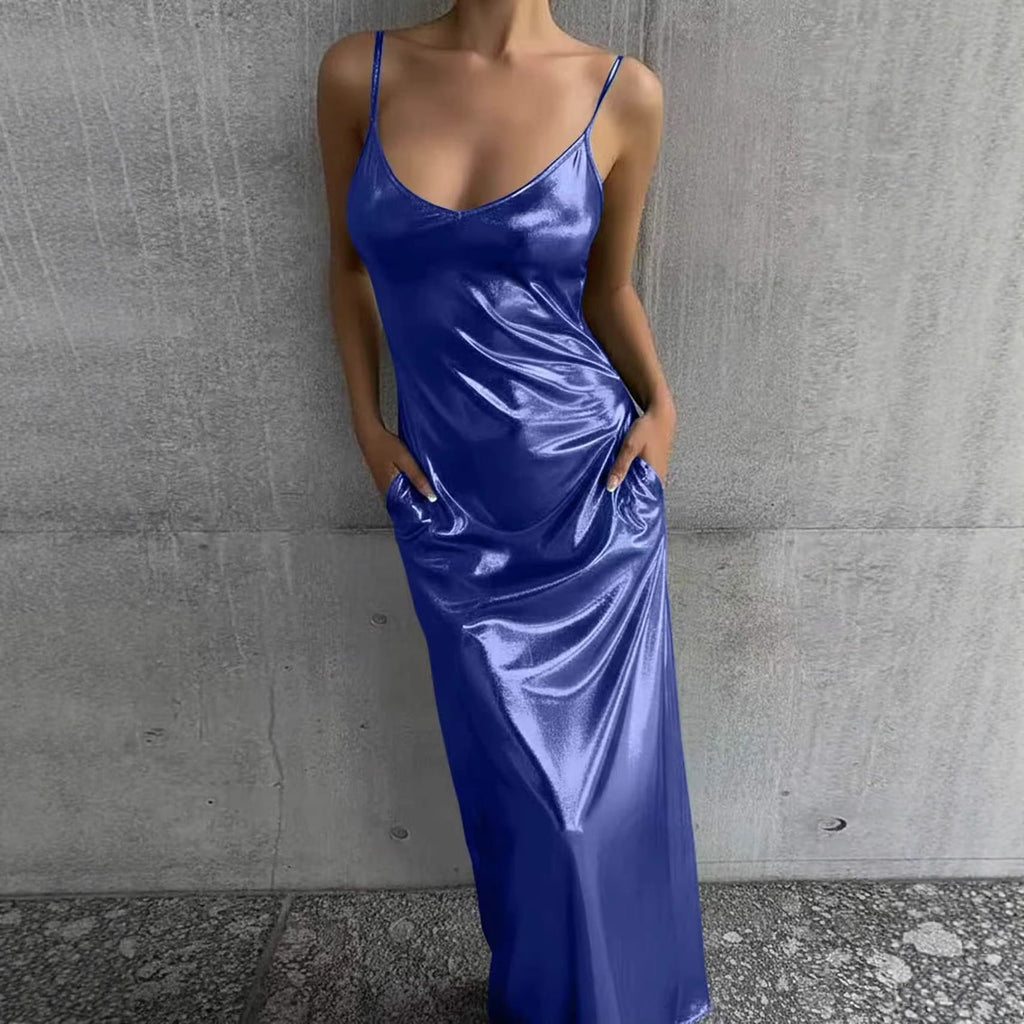 Textured Mirror-Finish U-Neck Slip Maxi Dress with Pockets