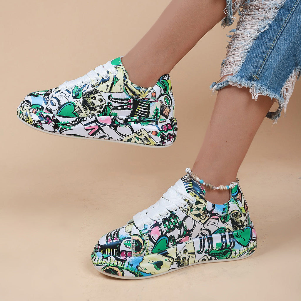 Round-Toe Thick-Sole Lace-Up Sneakers — Women’s Casual Print Shoes