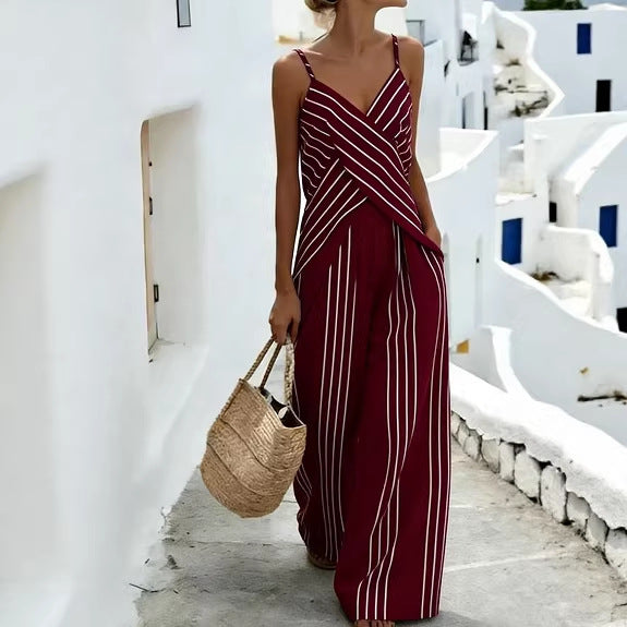 Women's Striped V-Neck Sleeveless Two-Piece Set