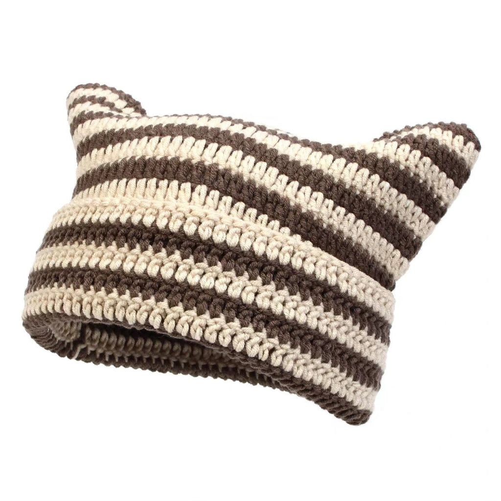 Women’s Hand Knitted Striped Cat Hat – Cute Warm Winter Beanie