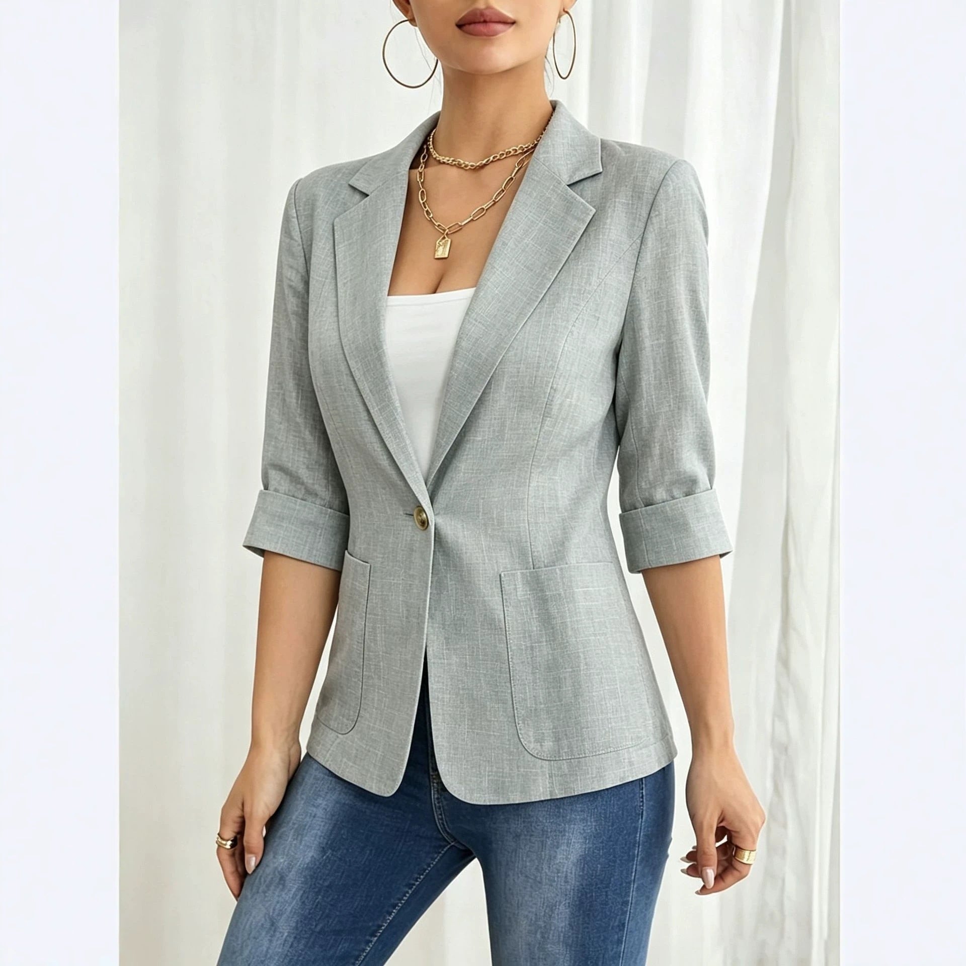 Women's Single Button Notch Lapel 3/4 Sleeve Blazer Jacket
