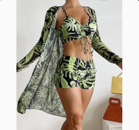 Mesh Cover-Up Three-Piece Swimwear Set – Bikini with Leg-Length Briefs