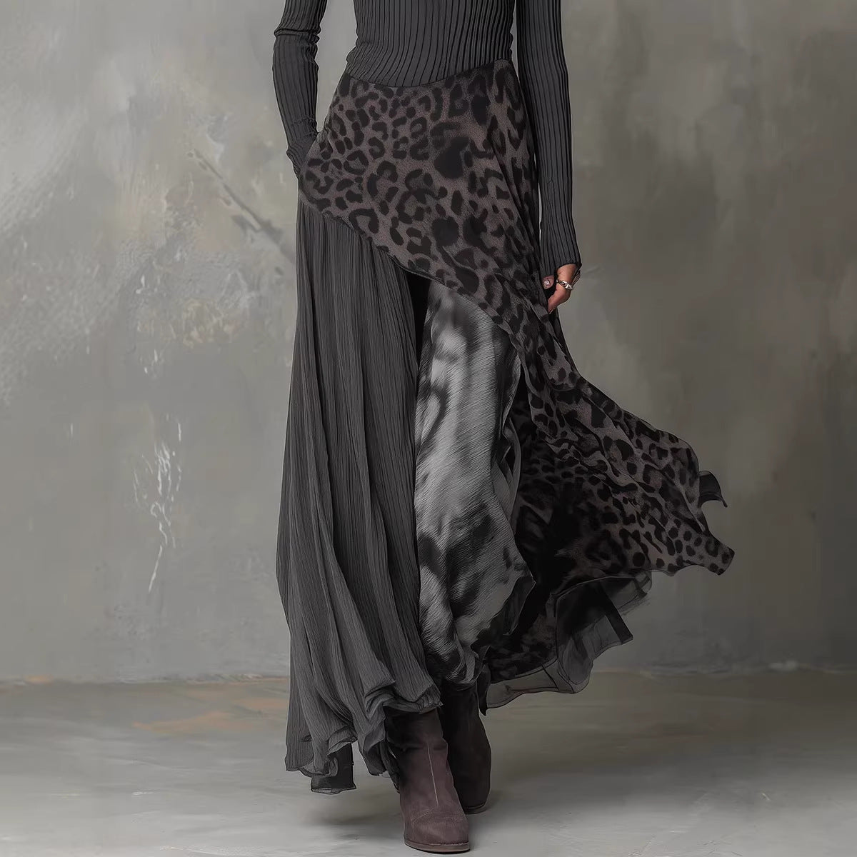 Women's Leopard Print Ribbed Knit Maxi Dress – Long Sleeve High Waist Full Skirt