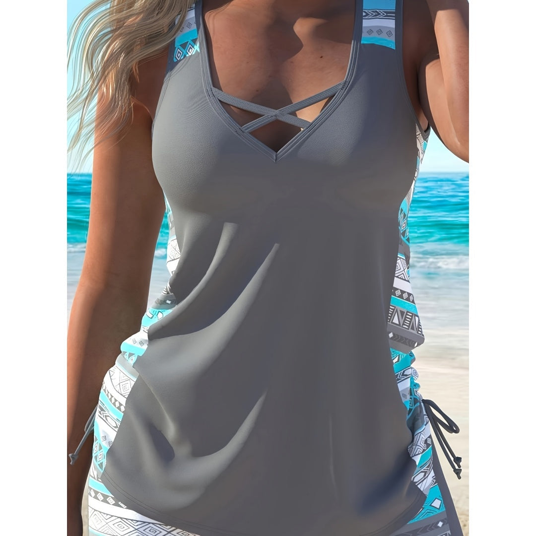 Plus Size Aztec Print Tankini Set – V-Neck Cross-Strap Top & Bike Shorts Two-Piece Swimsuit