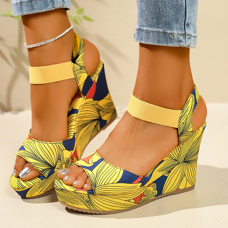 Women's Printed Platform Wedge Sandals with Elastic Ankle Strap
