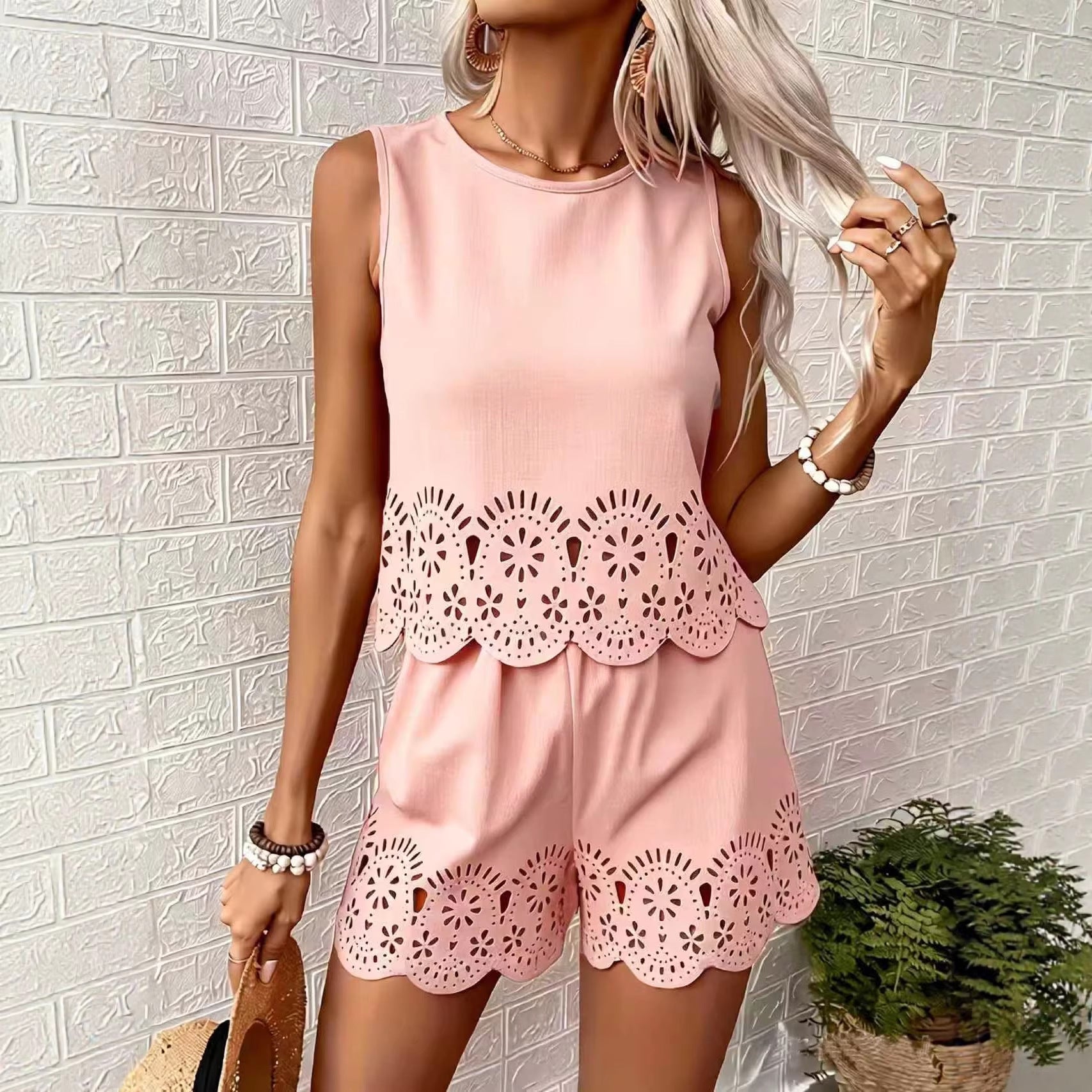 Women's Elegant Hollow-Out Floral Top & Pants Set – 2-Piece