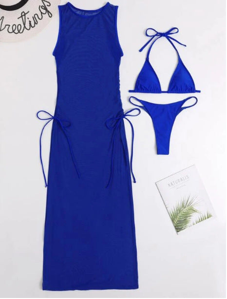 Women's Solid Color Three-Piece Bikini Set with Maxi Dress Cover-Up