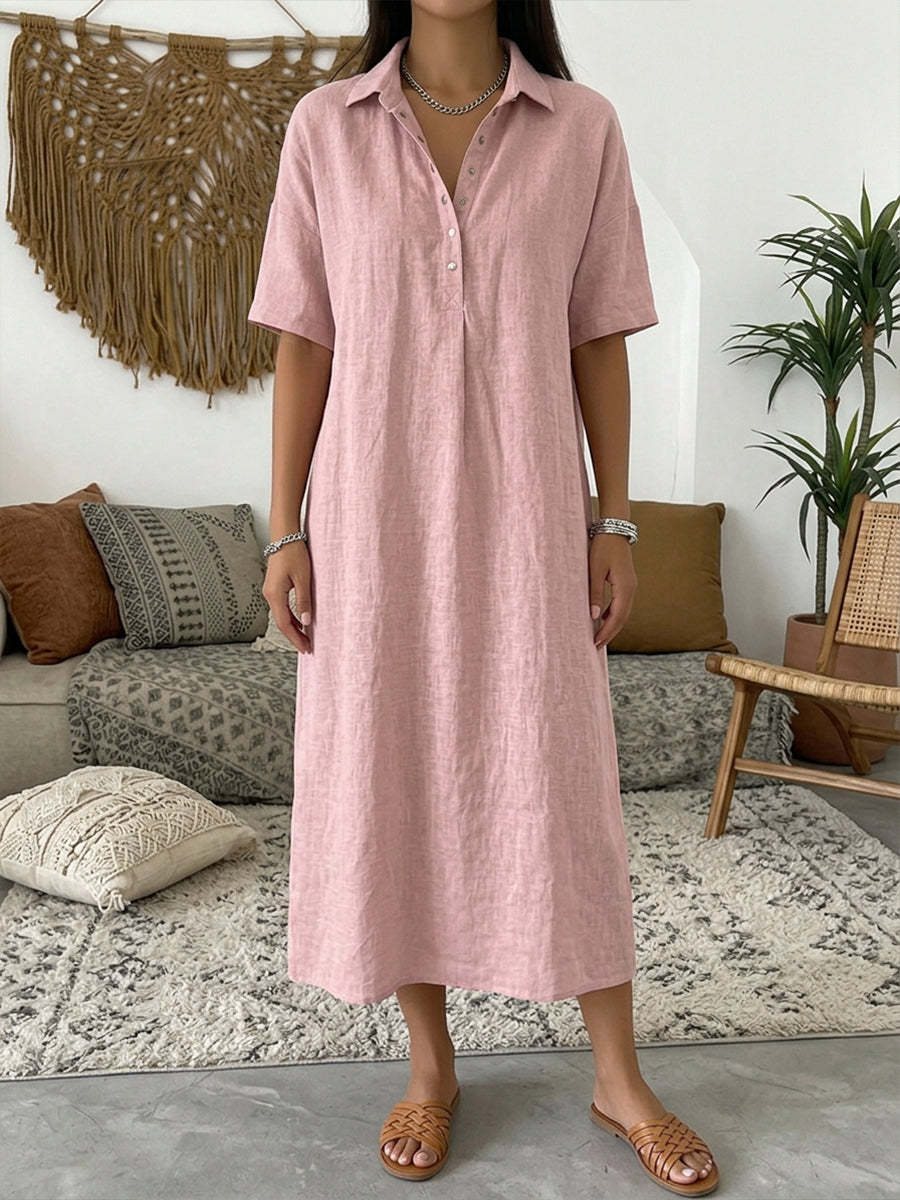 Women's Linen Blend Short Sleeve Polo Neck Maxi Dress