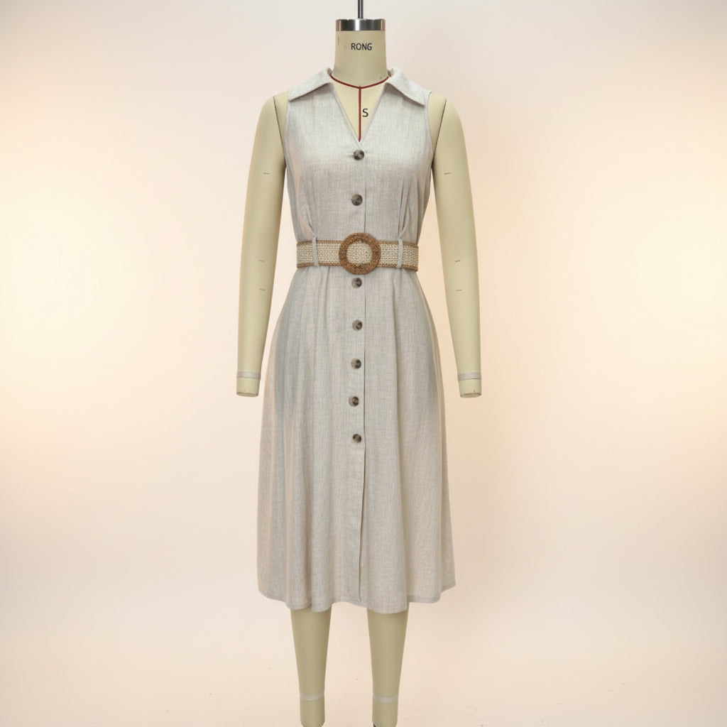 V-Neck Sleeveless A-Line Shirt Dress for Women – High Waist Cotton Linen Midi