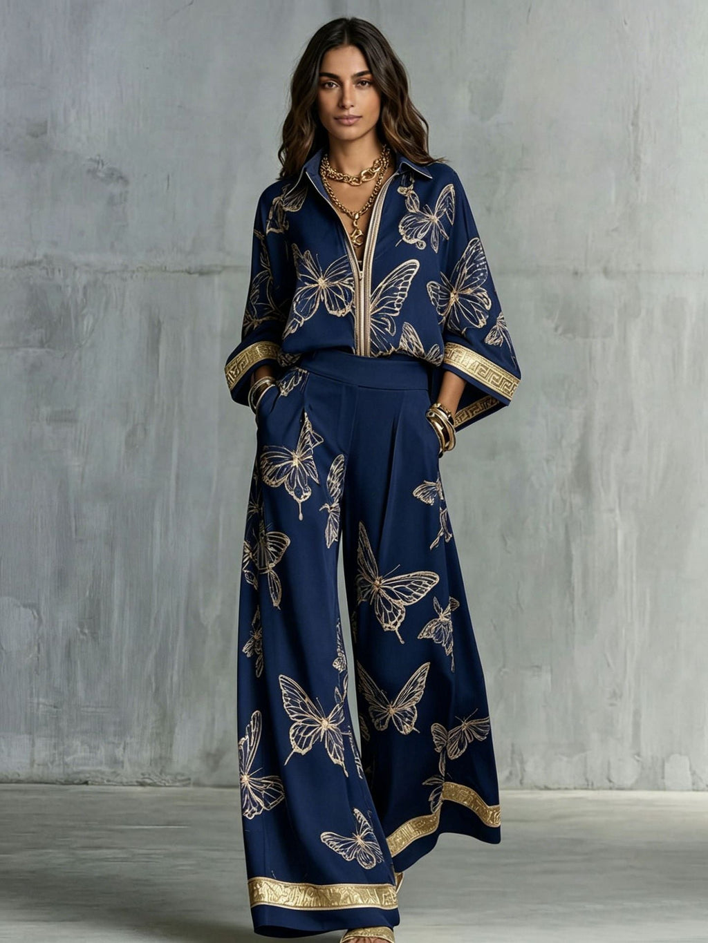 Women's Deep V-Neck Zipper Top & Wide Leg Pants Two-Piece Set