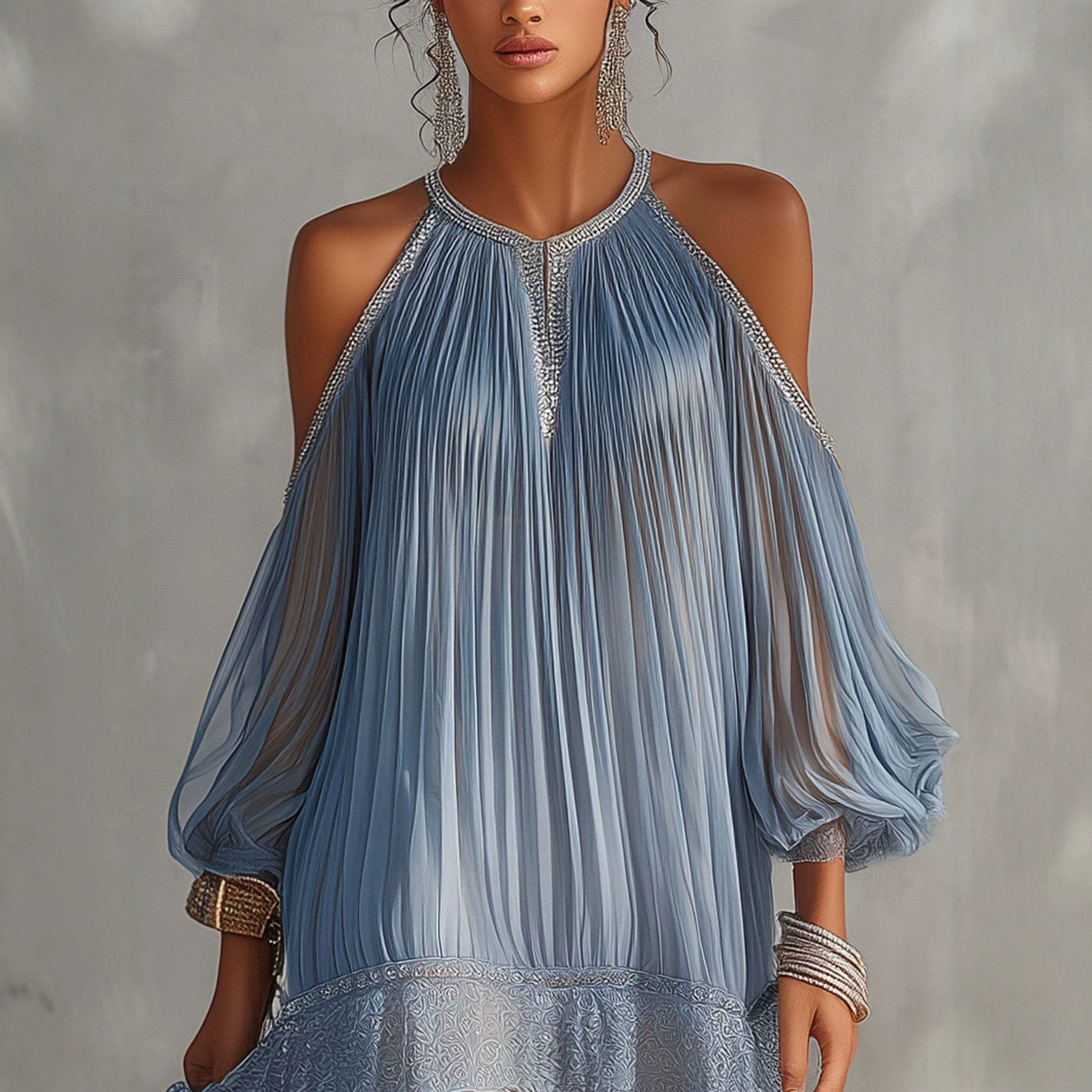 Women's Flared Chiffon Ruffle Dress with Lace Hem & Bubble Sleeves – Blue Beach Dress