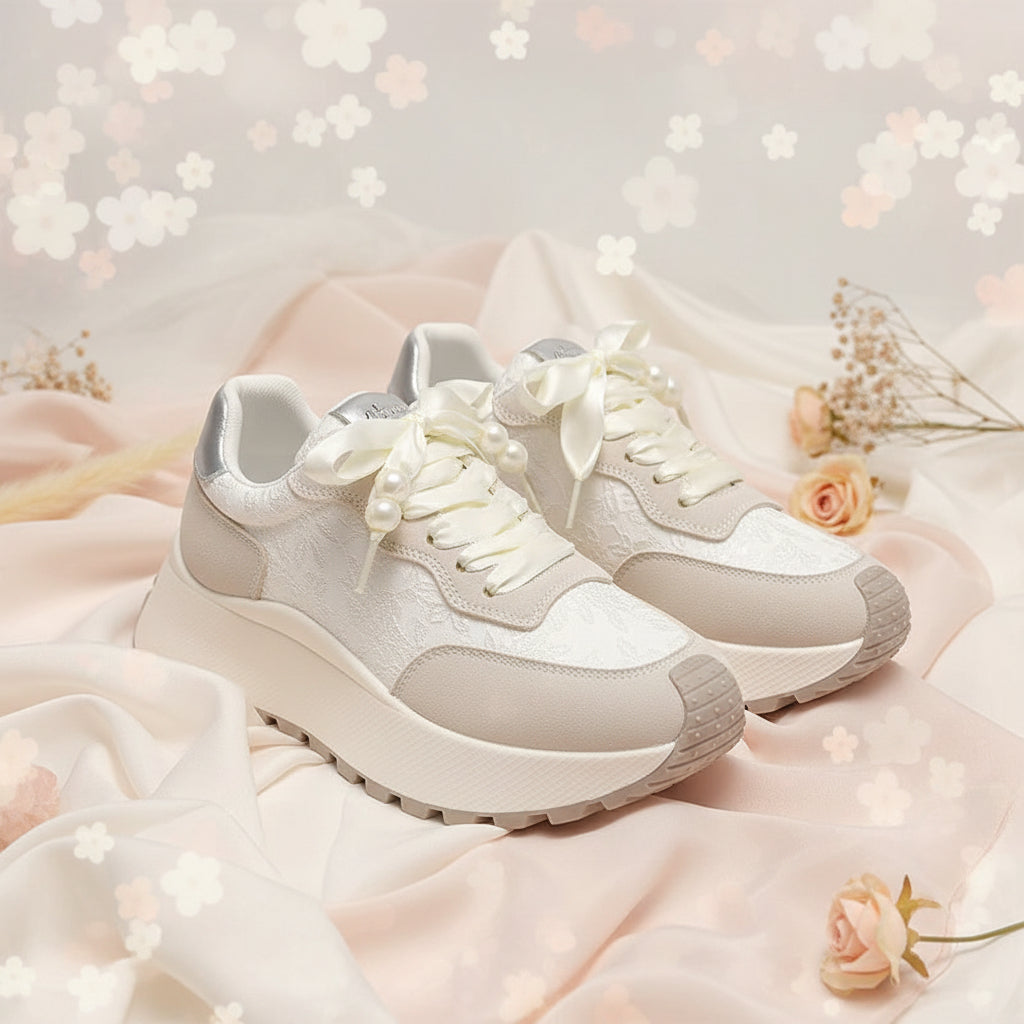 Lace-Up Platform Athletic Sneakers – PU Microfiber Mid Heel