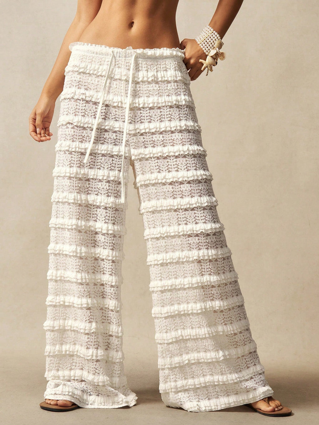 Women's Lace Jacquard Wide-Leg Pants – Hollow-Out Ruffle Patchwork Tie-Up Boho Trousers