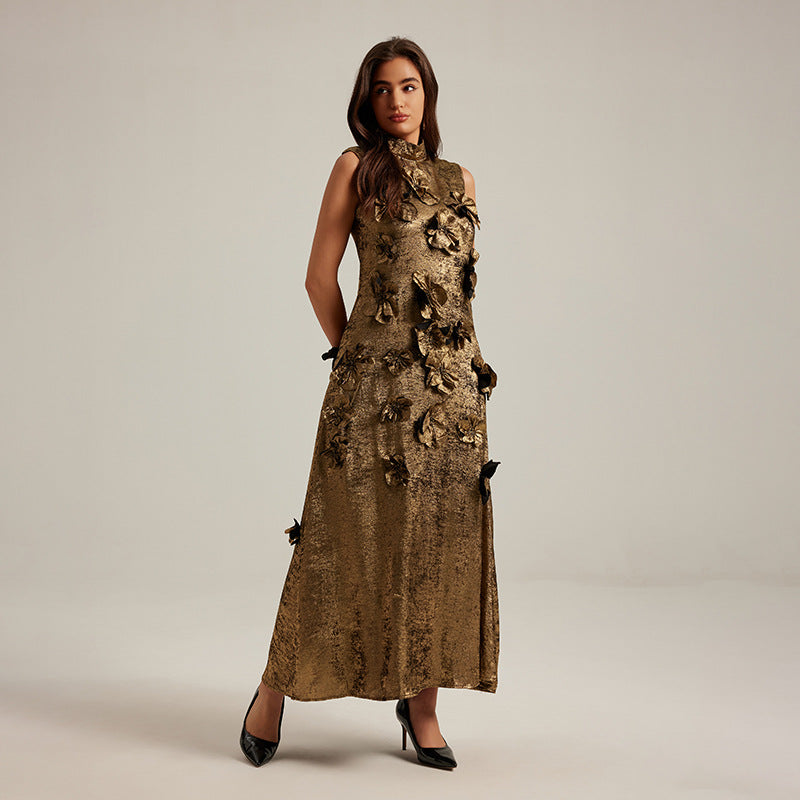 🌸 Three-Dimensional Floral Sleeveless A-Line Dress