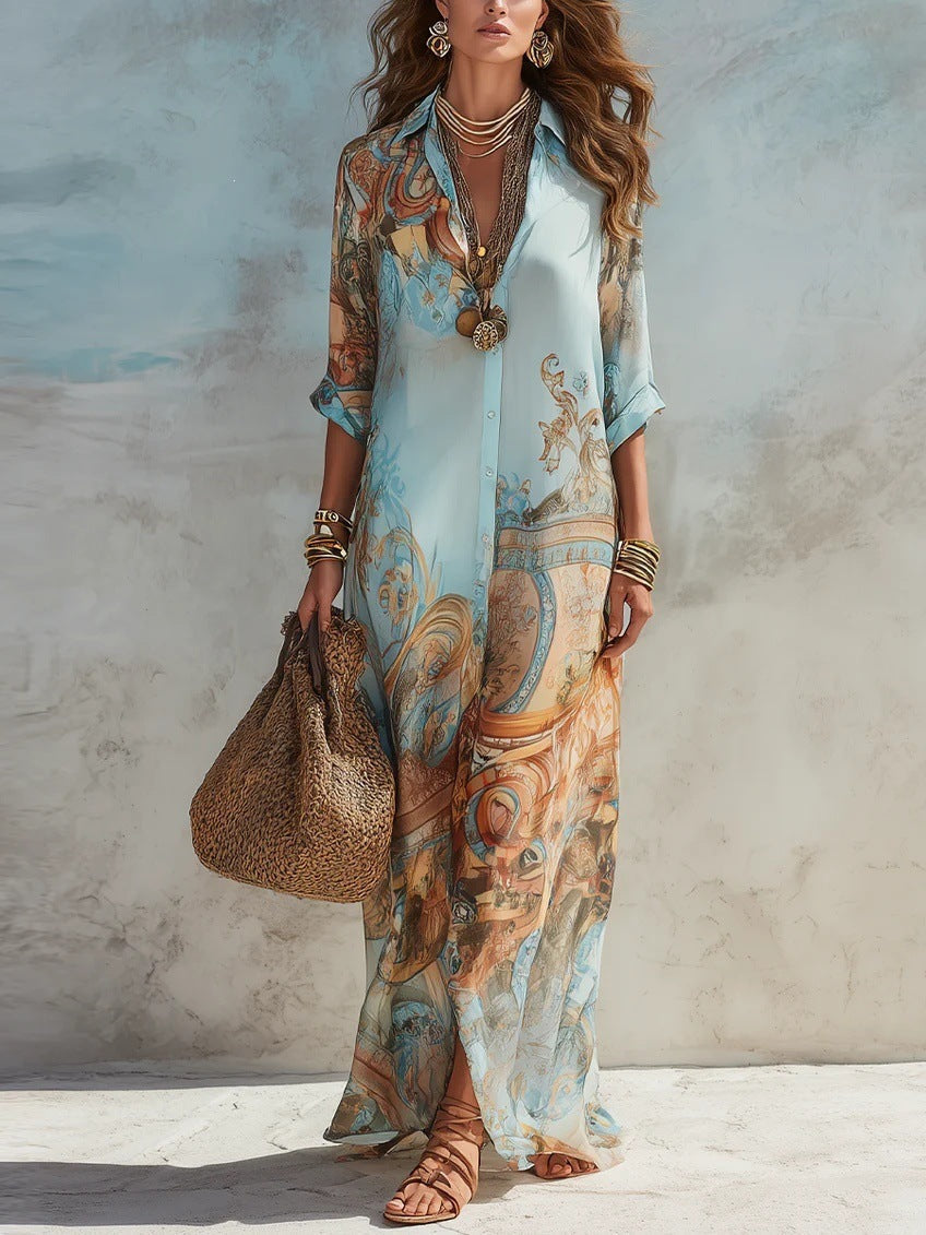 Chiffon Digital Print Vintage Flowy Midi Dress – Women's Button-Front Sundress