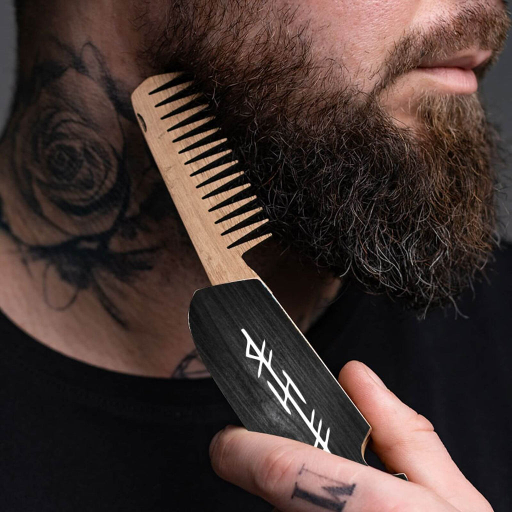 Wooden Beard Comb - Black Runes