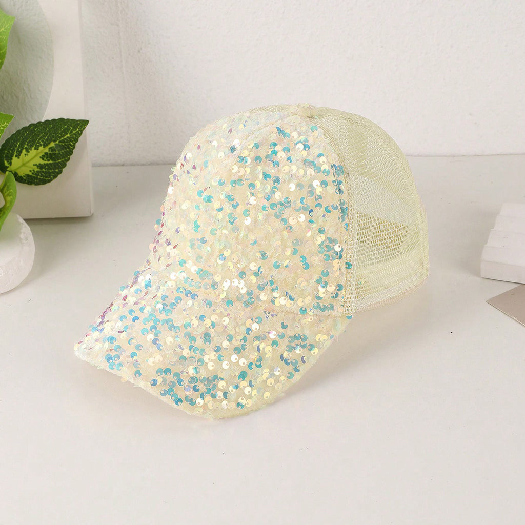 Sequin-Embroidered Mesh Baseball Cap with Sunshade – Breathable Trendy Hat