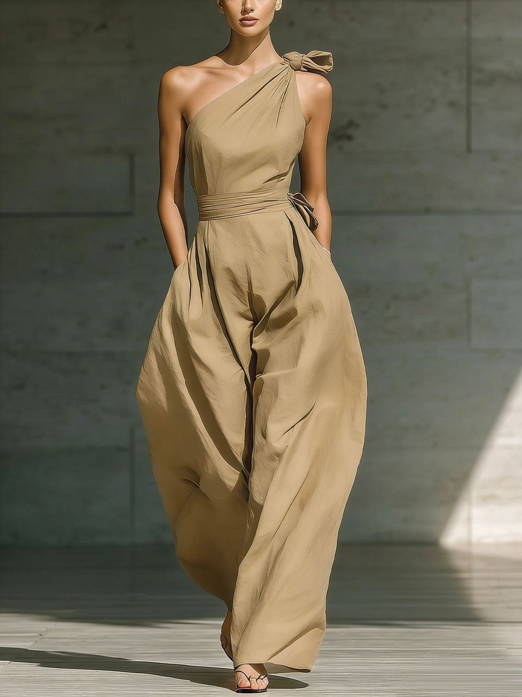 Women's Loose Sleeveless Off-Shoulder Belted Wide-Leg Jumpsuit