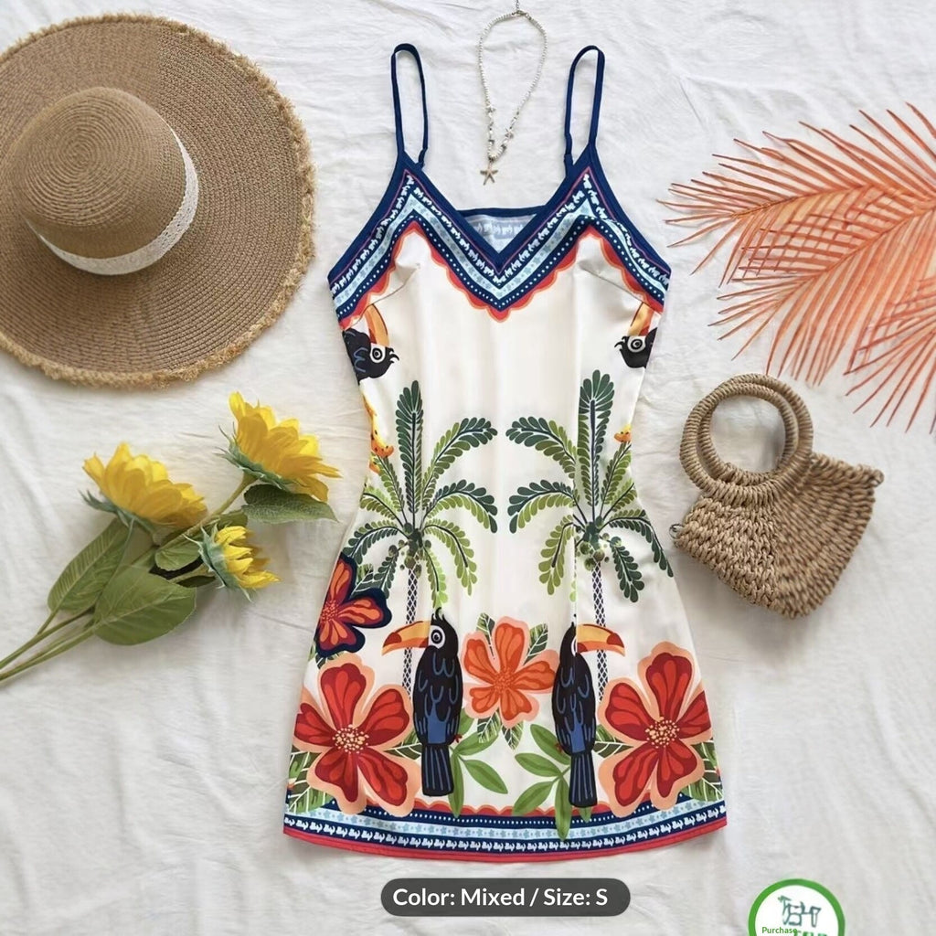 European and American-Style Tropical Print V-Neck Slip Dress