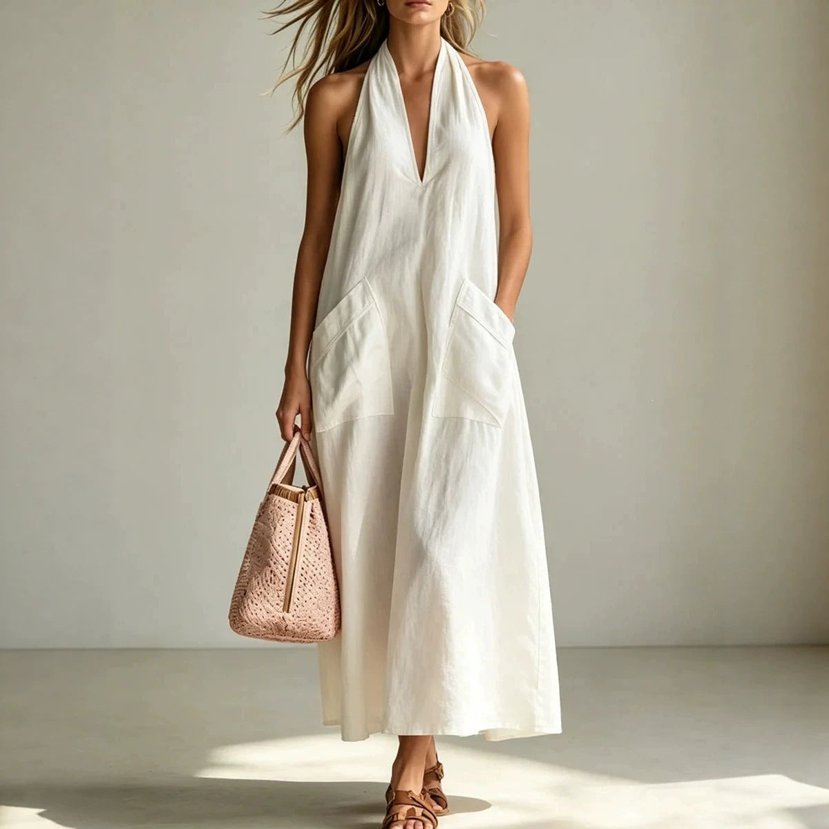 Cotton Halterneck Sleeveless Deep V-Neck Loose Straight-Line Dress