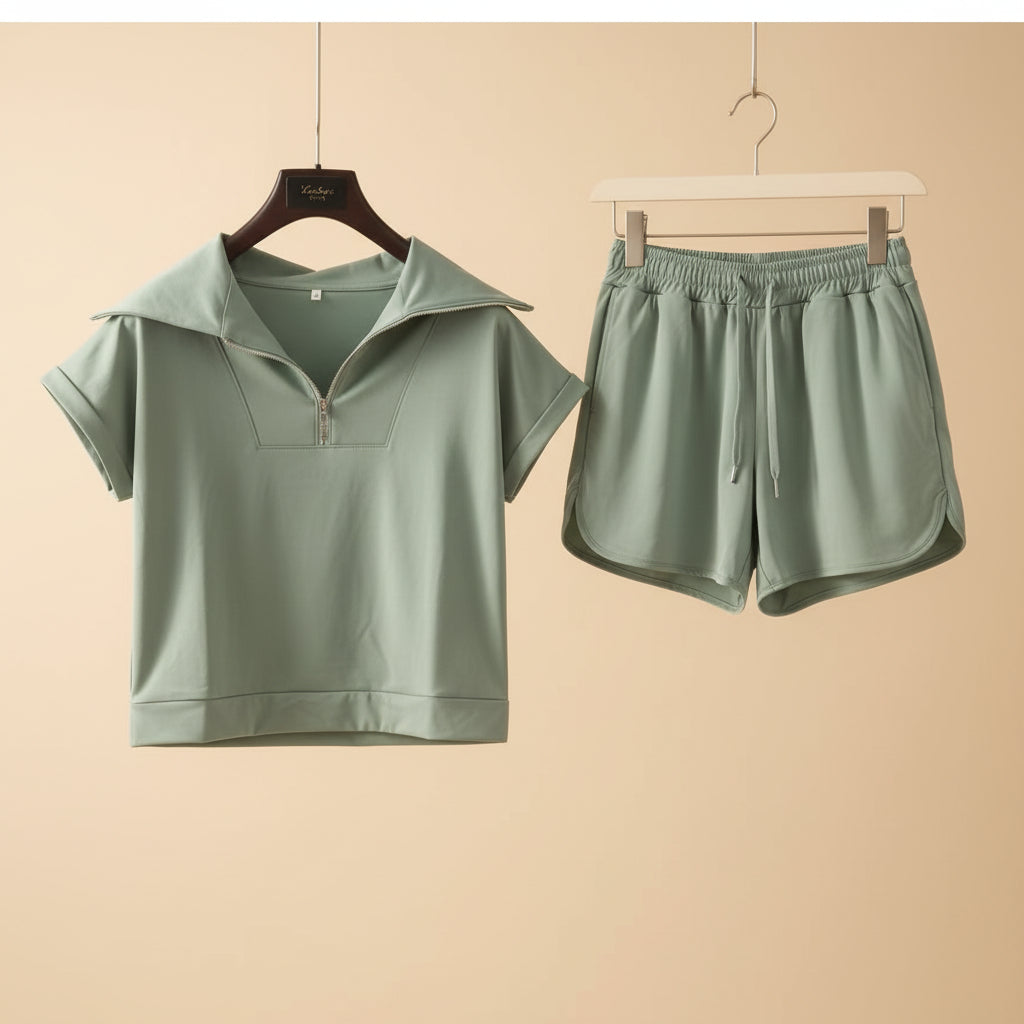 Half-Zip Lapel Sweatshirt & Shorts Two-Piece Set | 6 Colors