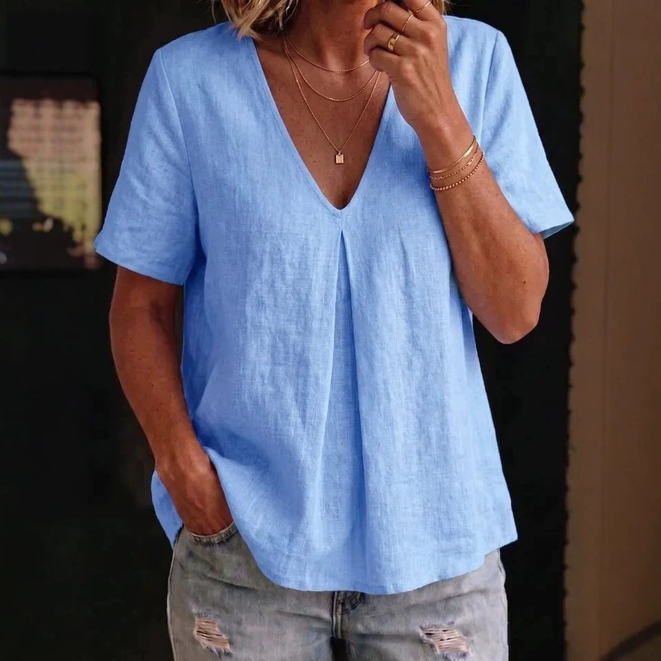 Women's Pleated Cotton-Linen Short-Sleeve Shirt – 5 Colors S–XXL