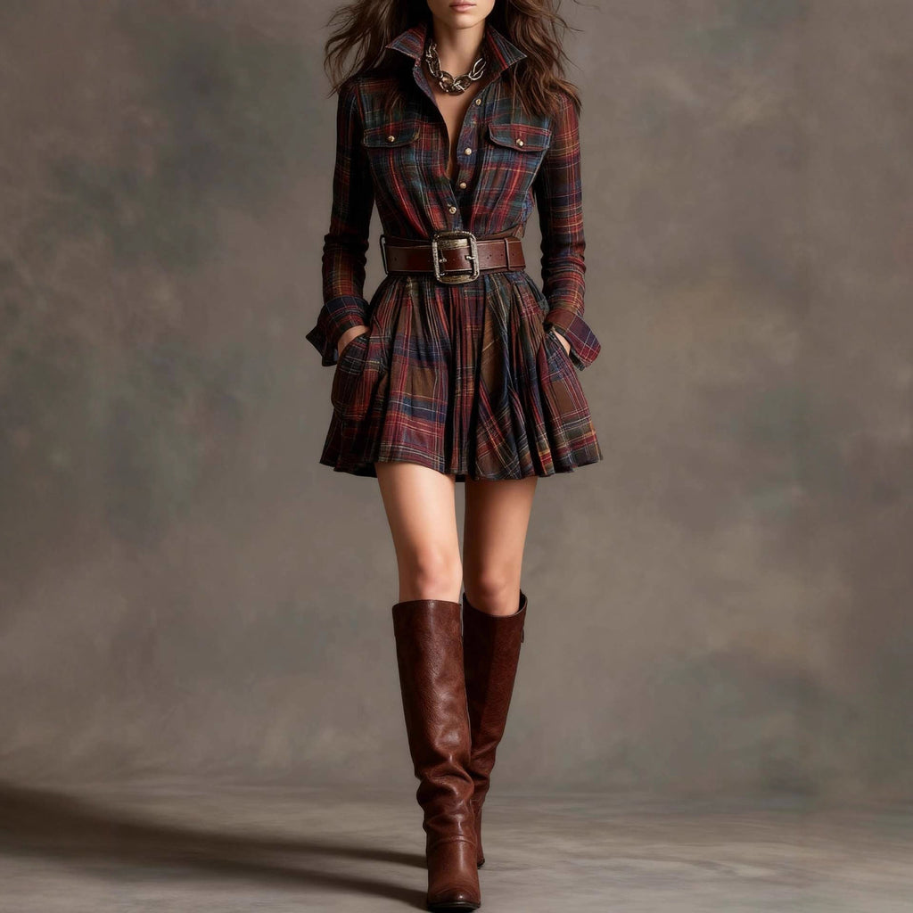 Women's Elegant Plaid Long Sleeve Mini Dress | Belted