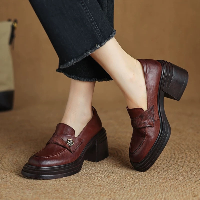 Women’s Vintage Chunky Heel Leather Shoes – Retro Style