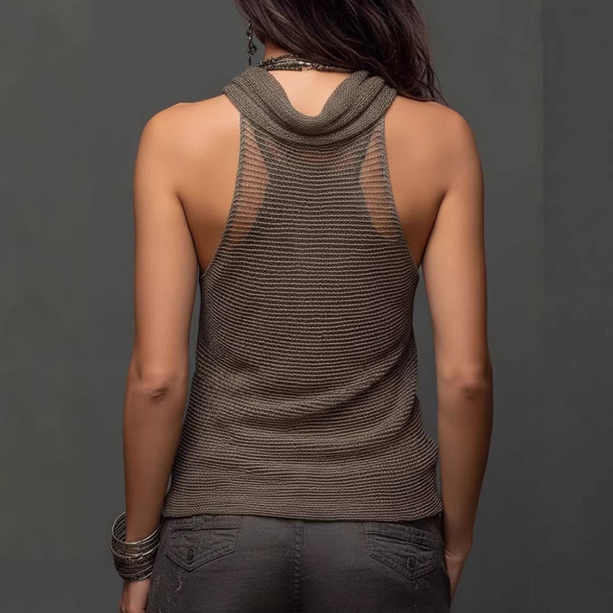 Women's Halterneck V-Neck Backless Slim-Fit Knit Top